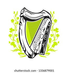 Antique irish harp on wildflower background - clairseach emblem