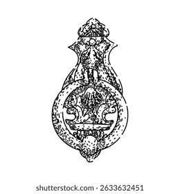 antique iron door knocker hand drawn. rustic decorative, ornate traditional, handcrafted unique antique iron door knocker vector sketch. isolated black illustration