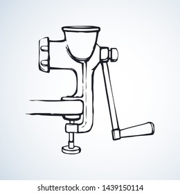 Antique iron mechanic meatgrinder mill on white backdrop. Black line ink drawn culinary object device logo pictogram emblem sketchy in obsolete art doodle engrave cartoon style on paper space for text