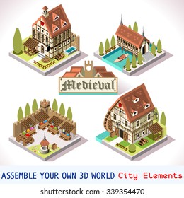 Antique Isometric Medieval Building farm house Tile Map Strategic 3D android Game Isometric Building Flat map 3D Building Vector Game Set Medieval Antique european Icon Farm Set Tile House Collection