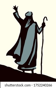 Antique israeli male law spirit leader rabbi arm up staff gesture stand sign icon logo. Vintage art graphic line sketch cartoon sky story. White asian saudi east human robe dress costume culture view
