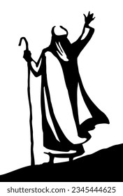 Antique israeli male law spirit leader rabbi arm up staff gesture stand sign icon logo. Vintage art graphic line sketch cartoon sky story. White asian saudi east human robe dress costume culture view