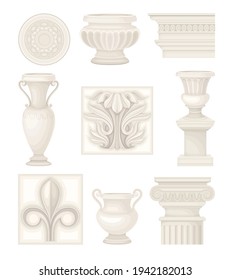 Antique Items with Ancient Ornamental Column Part and Amphora Vector Set