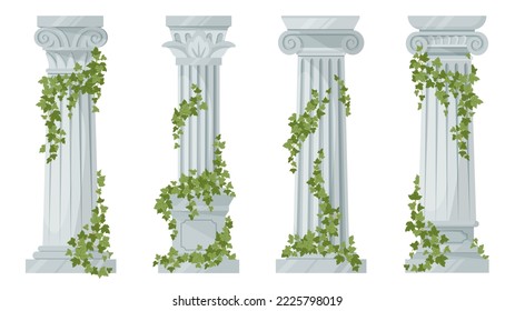 Antique ivy-covered classic greek columns. Cartoon ancient roman pillars with climbing ivy branches isolated flat vector illustration on white background