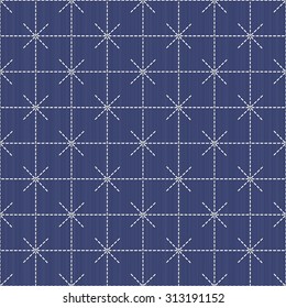 Antique japanese fancywork. Sashiko. Seamless pattern. Abstract backdrop. Geometric background. Needlework texture. Pattern fills. For decoration or printing on fabric.