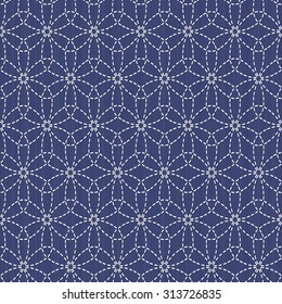 Antique japanese fancywork. Sashiko. Seamless pattern. Old Sashiko motif flower (Hana-Zashi). Abstract. Geometric background. Needlework texture. Pattern fills. For decoration or printing on fabric.