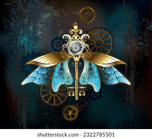 Antique, jewelry, gold key with white watch, decorated with transparent, blue insect wings on worn, brown, steampunk background. Steampunk style.