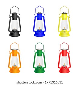 
Antique kerosene lamp isolated on a white background. Set of lamps of six different colors. Vector.