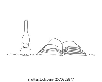 An antique kerosene lamp and an open book, continuous single one line art hand drawing sketch logo