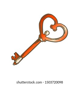 Antique Key Filigree Medieval Vector. Enter Door Lock And Unlock Padlock Element Decorative Metal Skeleton Key. Mockup Designed In Vintage Style Color Illustration