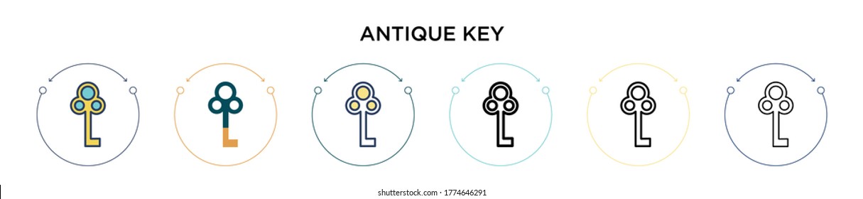 Antique key icon in filled, thin line, outline and stroke style. Vector illustration of two colored and black antique key vector icons designs can be used for mobile, ui, web