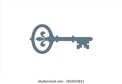 Antique key. Ornate gray silhouette. Vector illustration isolated on white background.
