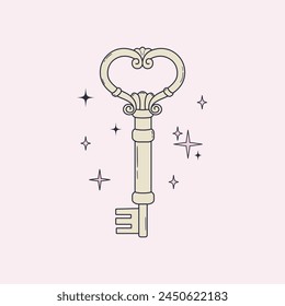 Antique key outline illustration. Coquette style tattoo template. Vintage victorian element. Vector drawing