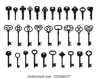 Antique key silhouettes. Medieval and modern keys, black vintage shapes set. Open door symbols, privacy and escape. Abstract tidy vector elements