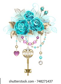 Antique key with trendy turquoise roses decorated with leaves of white gold and pink and blue beads.