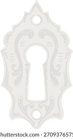 Placa de ojo de cerradura antigua con scrollwork y delicado grabado en línea limpia. Antiguas silueta de escudo con detalle barroco y grabado, Ilustración vectorial de dibujos animados