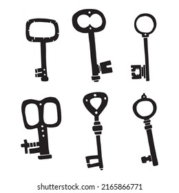 Antique keys. Black and white illustration in linocut style.