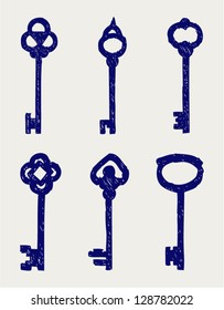 Antique keys collection. Doodle style
