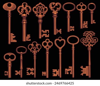 Antique keys. Design set. Editable hand drawn illustration. Vector vintage engraving. Isolated on black background. 8 EPS
