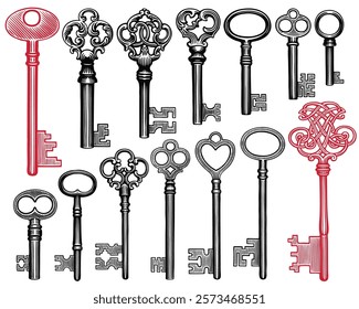 Antique keys. Design set. Editable hand drawn illustration. Vector vintage engraving. Isolated on white background. 8 EPS