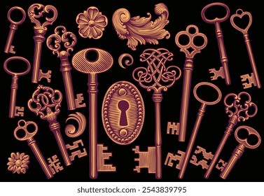 Antique keys and keyhole. Design set. Editable hand drawn illustration. Vector vintage engraving. Isolated on black background. 8 EPS