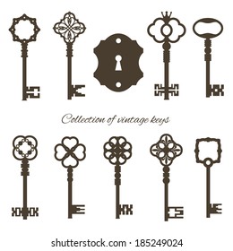 Antique keys and keyhole isolated on white.