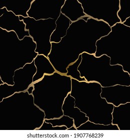 Antique Kintsugi restoration technique. Gold crack on black background. Vector seamless pattern. Broken marble luxury stone pattern effect. Cover surface.