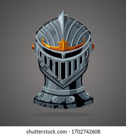 Antique knight helmet. Cartoon vector illustration. Vector asset. Battle equipment. Fantasy game items.