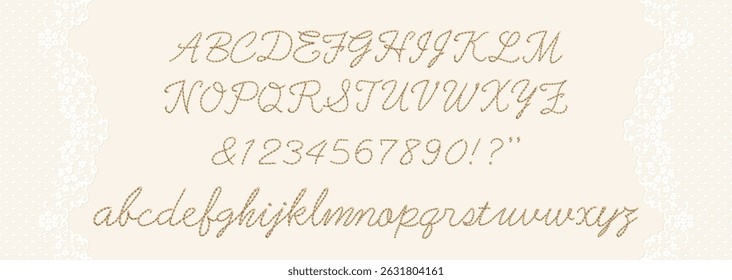 Antique lace-style frame and chain stitch embroidery-style cursive letters