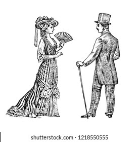 Antique ladie and man. Victorian Dame and gentleman. Ancient Retro Clothing. Woman in Ball lace dress. Vintage engraving style. hand drawn old monochrome sketch. Vector illustration.