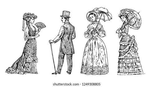 Antique ladie and man. Victorian Dame and gentleman. Ancient Retro Clothing. Woman in Ball lace dress. Vintage engraving style. hand drawn old monochrome sketch. Vector illustration.