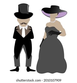 Antique lady and gentleman. Ancient retro clothing. A woman in a ball gown and a man in a tailcoat. Vector illustration isolated on transparent background.