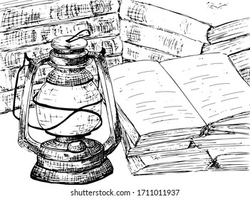Antique lamp and lots of books on the table. Vector freehand drawing.
graphic black and white sketch
