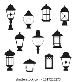 Antique lantern simple icons set. Small lamps, old-fashioned outside architectural elements. Lamp posts isolated on white background. Vector illustration in flat style.