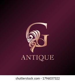 Antique Letter G Initial  Logo Elegance Gold Rose Luxury Ornate Deco Swirl Shape Template Design.