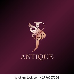 Antique Letter J Initial  Logo Elegance Gold Rose Luxury Ornate Deco Swirl Shape Template Design.