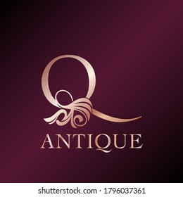 Antique Letter Q Initial  Logo Elegance Gold Rose Luxury Ornate Deco Swirl Shape Template Design.