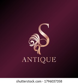 Antique Letter S Initial  Logo Elegance Gold Rose Luxury Ornate Deco Swirl Shape Template Design.