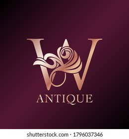 Antique Letter W Initial  Logo Elegance Gold Rose Luxury Ornate Deco Swirl Shape Template Design.
