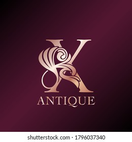 Antique Letter X Initial  Logo Elegance Gold Rose Luxury Ornate Deco Swirl Shape Template Design.