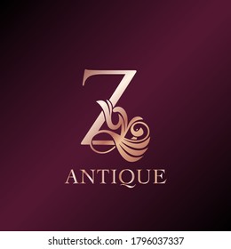 Antique Letter Z Initial  Logo Elegance Gold Rose Luxury Ornate Deco Swirl Shape Template Design.