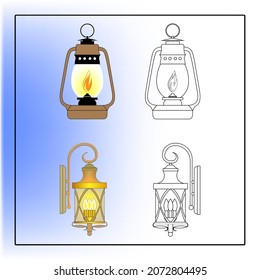 Antique lighting design. Flat image of latern. Wall lamp icon. Street light symbol. 