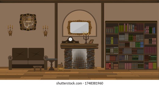 antique living room or library interior background with fireplace