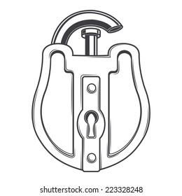 Antique lock isolated on a white background. Monochromatic line art. Retro design. Vector illustration.