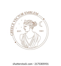 Antique logo of goddess greek Artemis in a minimal liner style. Delicate emblem. Vector icon for handmade products, cosmetics, boutique etc. Branding.