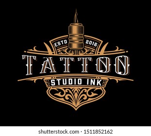 Antique logo template with floral elements for Tattoo Studio