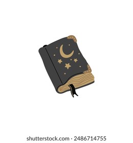 Antique magic occult book with moon crescent and stars on the cover. Witchcraft and wizardry spell book, spiritual knowledge. Vector illustration of Wicca pagan faith symbol, esoteric item isolated