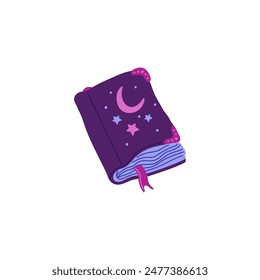 Antique magic purple book with moon crescent and stars on the cover. Witchcraft and wizardry book, esoteric spiritual knowledge, astrology science. Vector illustration of Wicca symbol isolated