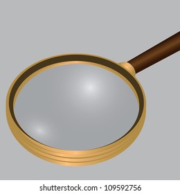 Antique magnifying glass in a frame of yellow materialla. Vector illustration.