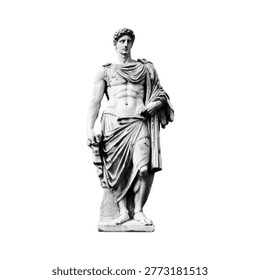 Antique male statue halftone vector illustration. Retro pop art stipple icon of Greek or Roman sculpture for classic art, history, vaporwave and philosophy design isolated on white background.